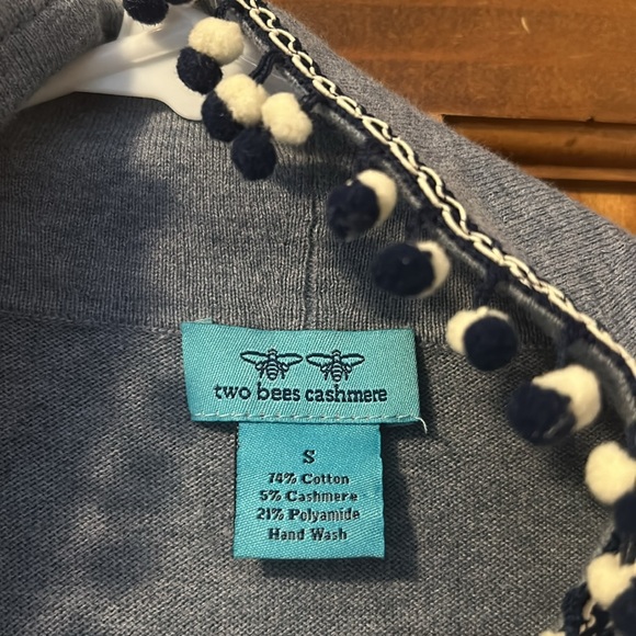 Two Bees Cashmere Ellery Cardigan—Blue Pom Pom - Picture 5 of 6